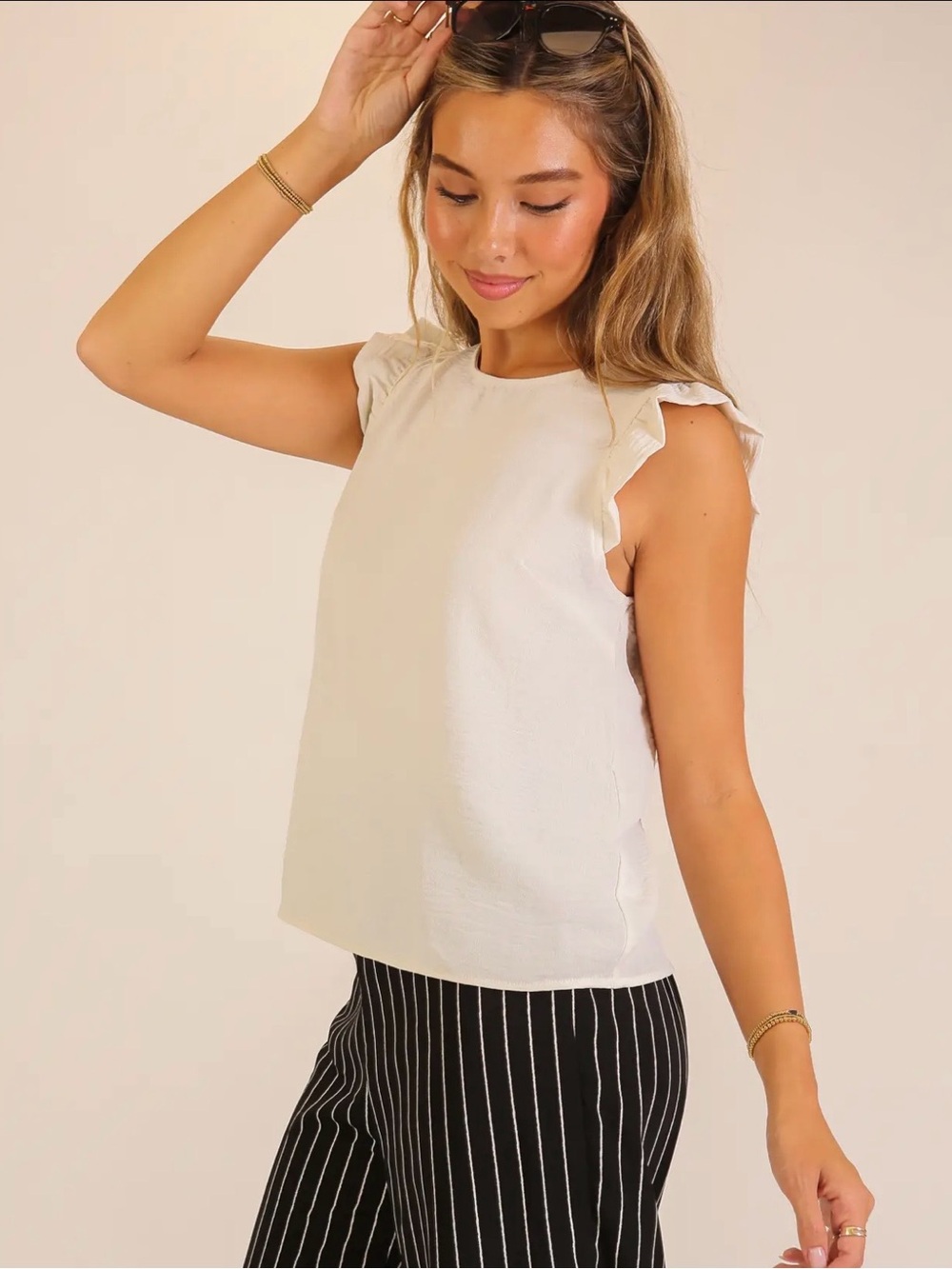 Timing Cream Ruffle Cap-Sleeve Shell Top